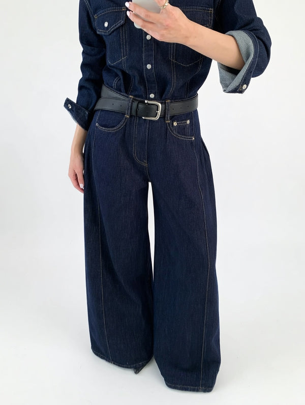 Women's dark denim set with wide leg jeans and classic shirt