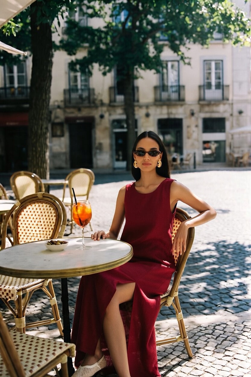 Woman wearing luxury minimalist fashion seated at a marble
bistro table in a sunlit European square, Aperol Spritz and
olives, ADEPTT effortless European style