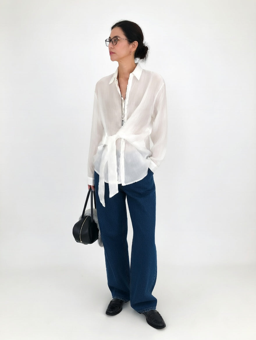 Women's sheer transparent shirt with collar, cuffs and tie front detail