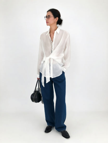 Women's sheer transparent shirt with collar, cuffs and tie front detail
