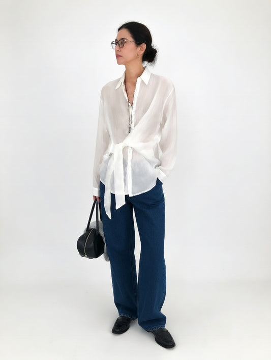 Women's sheer transparent shirt with collar, cuffs and tie front detail