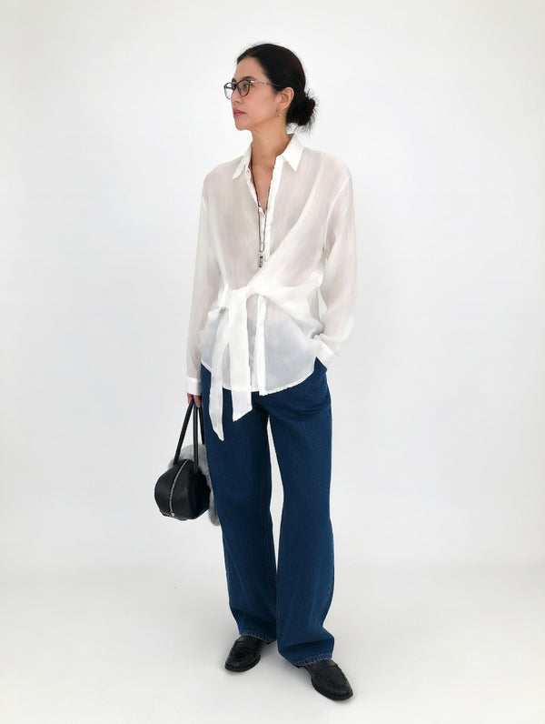 Women's sheer transparent shirt with collar, cuffs and tie front detail