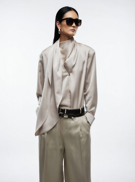 Women's satin blouse with scarf detail in elegant draped design