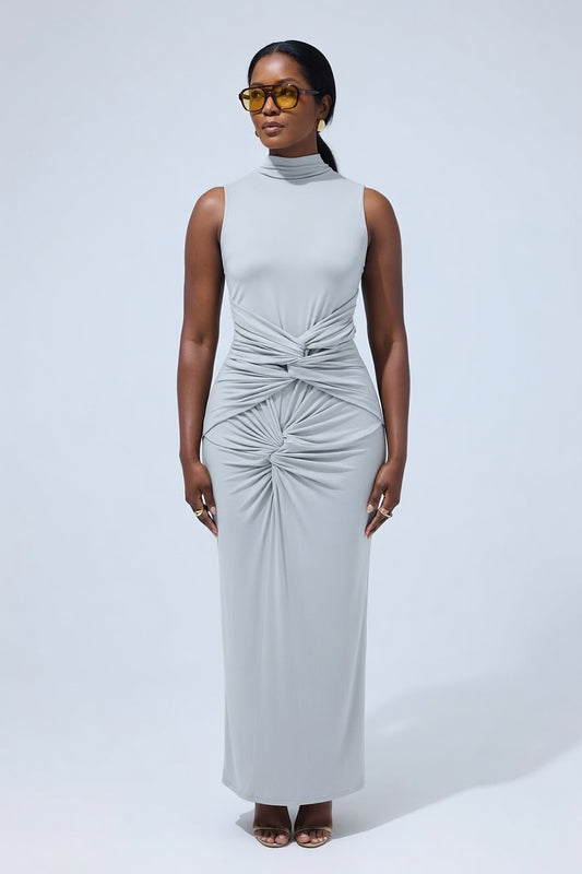 ADEPTT Ruched Midi Dress in stretch viscose jersey with dramatic waist and hip ruching