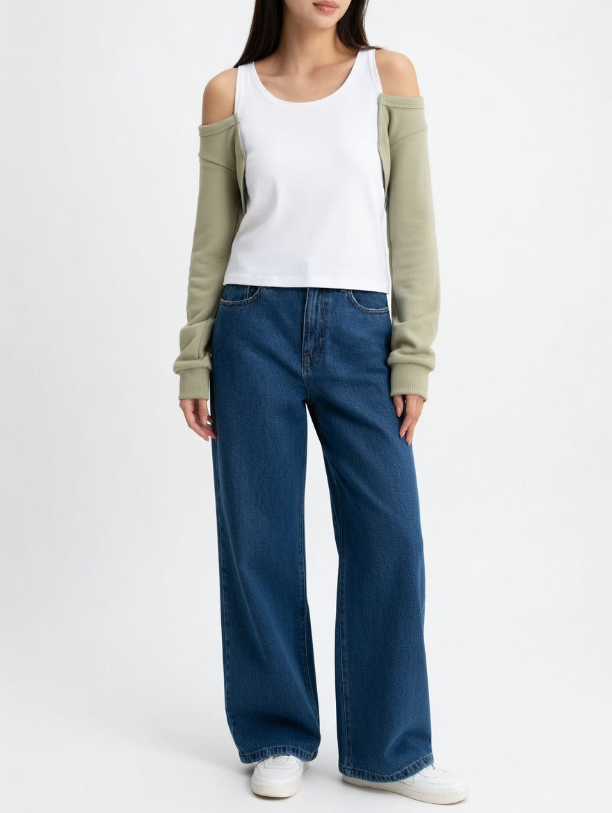 Women's cotton cold shoulder top with long sleeves and layered design