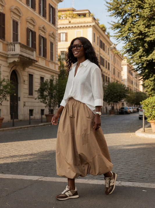 ADEPTT Balloon Hem Midi Skirt with elastic waist and viscose lining