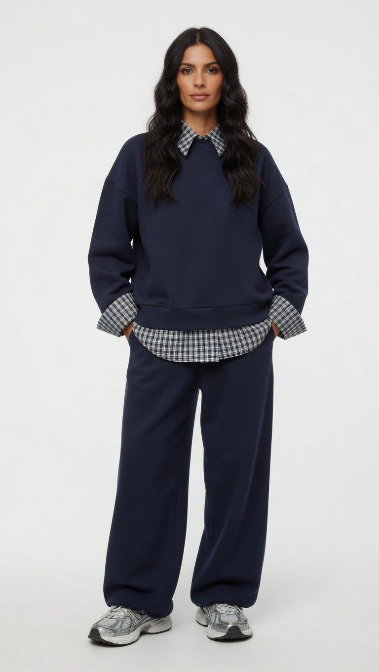 ADEPTT Gingham Trim Cotton Tracksuit in navy with checkered collar and cuffs, ADEPTT