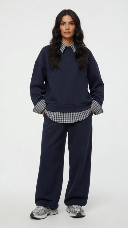 ADEPTT Gingham Trim Cotton Tracksuit in navy with checkered collar and cuffs, ADEPTT