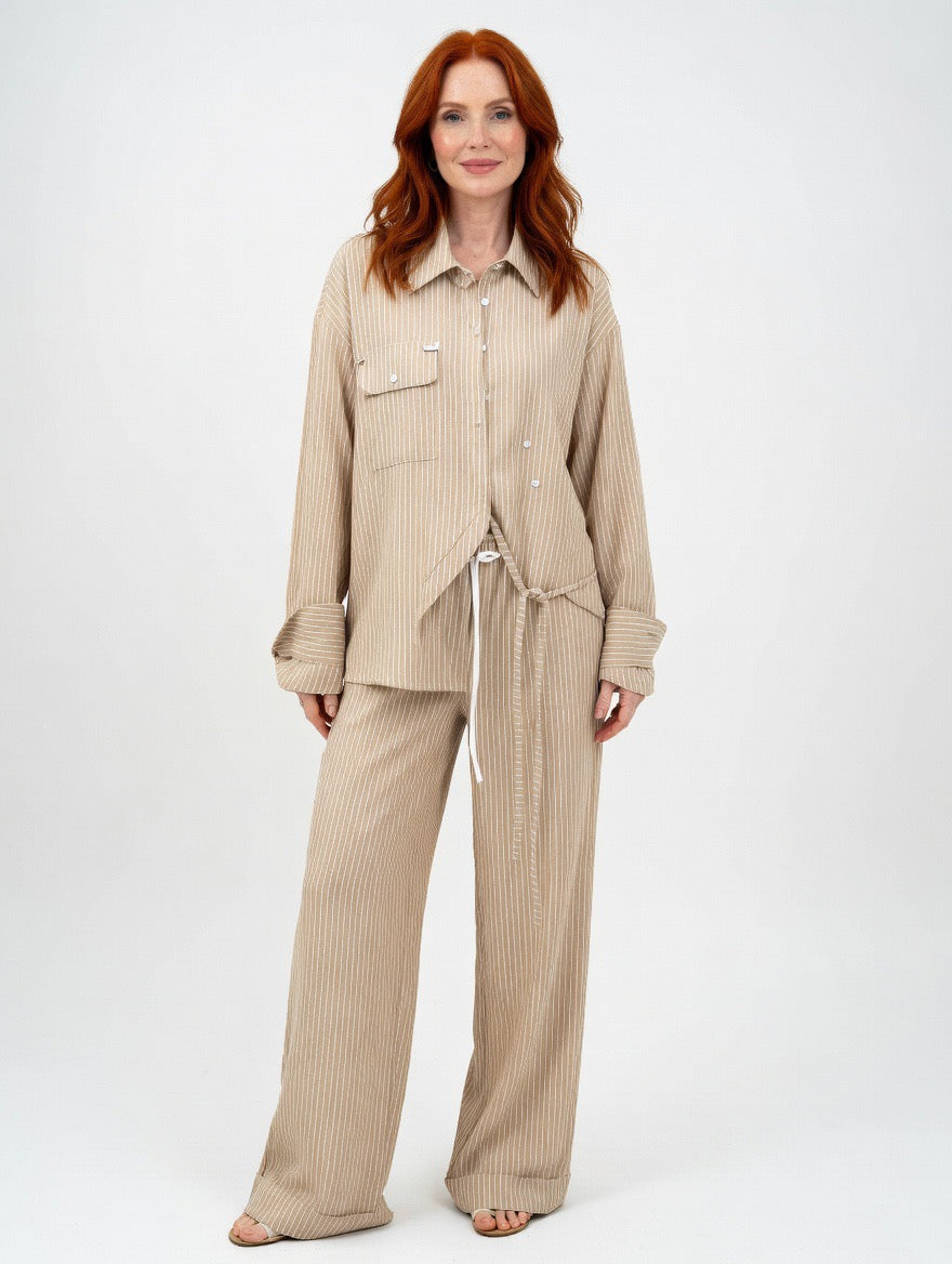 ADEPTT asymmetric striped shirt set beige wide leg pants front view
ADEPTT oversized two piece set tie detail shirt relaxed fit