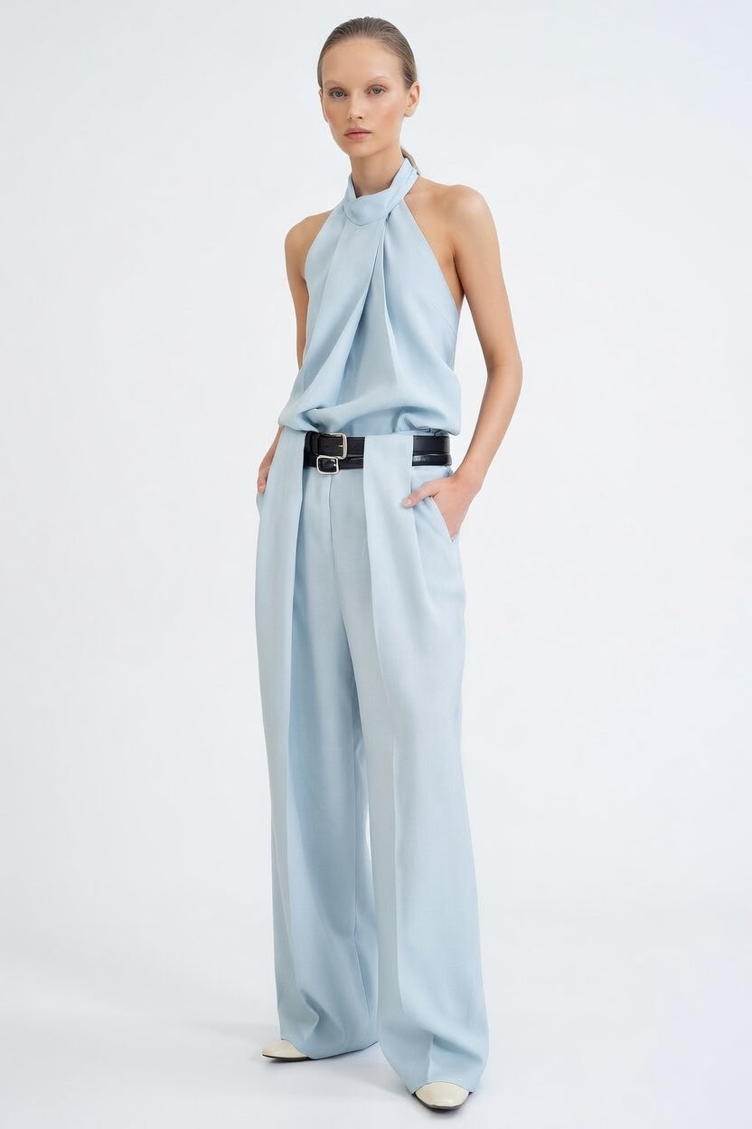 ADEPTT  linen lyocell set light blue halter top wide leg pants front view