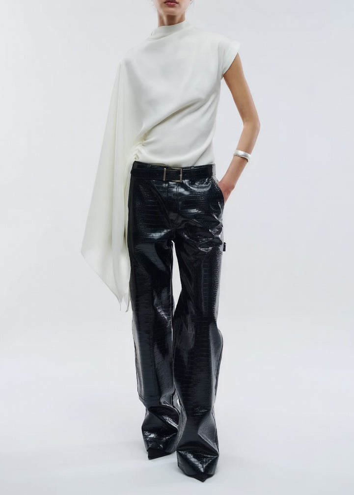 Women's satin asymmetric top with draped scarf sleeve design