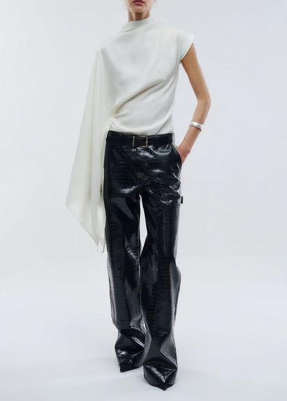 Women's satin asymmetric top with draped scarf sleeve design