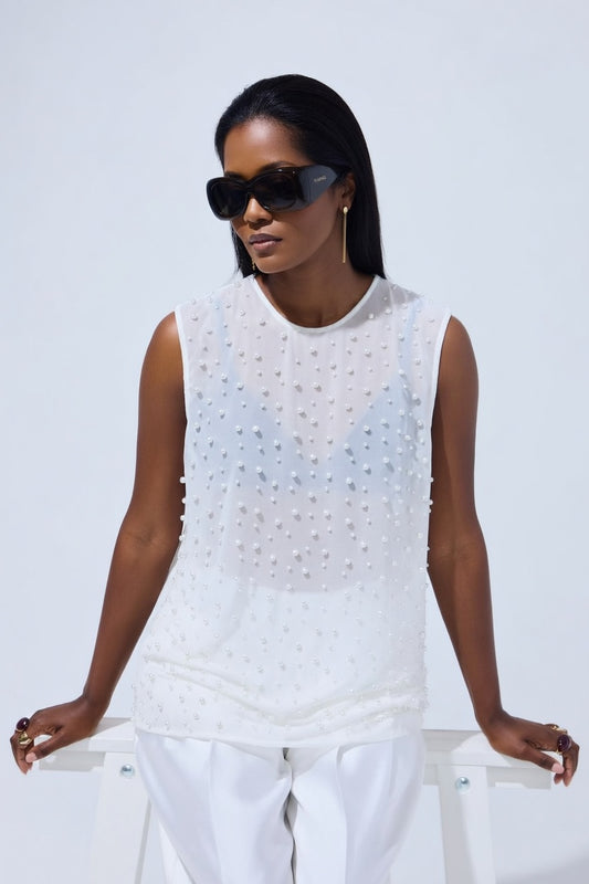 ADEPTT Pearl Embellished Chiffon Top in sheer white fabric with delicate pearls