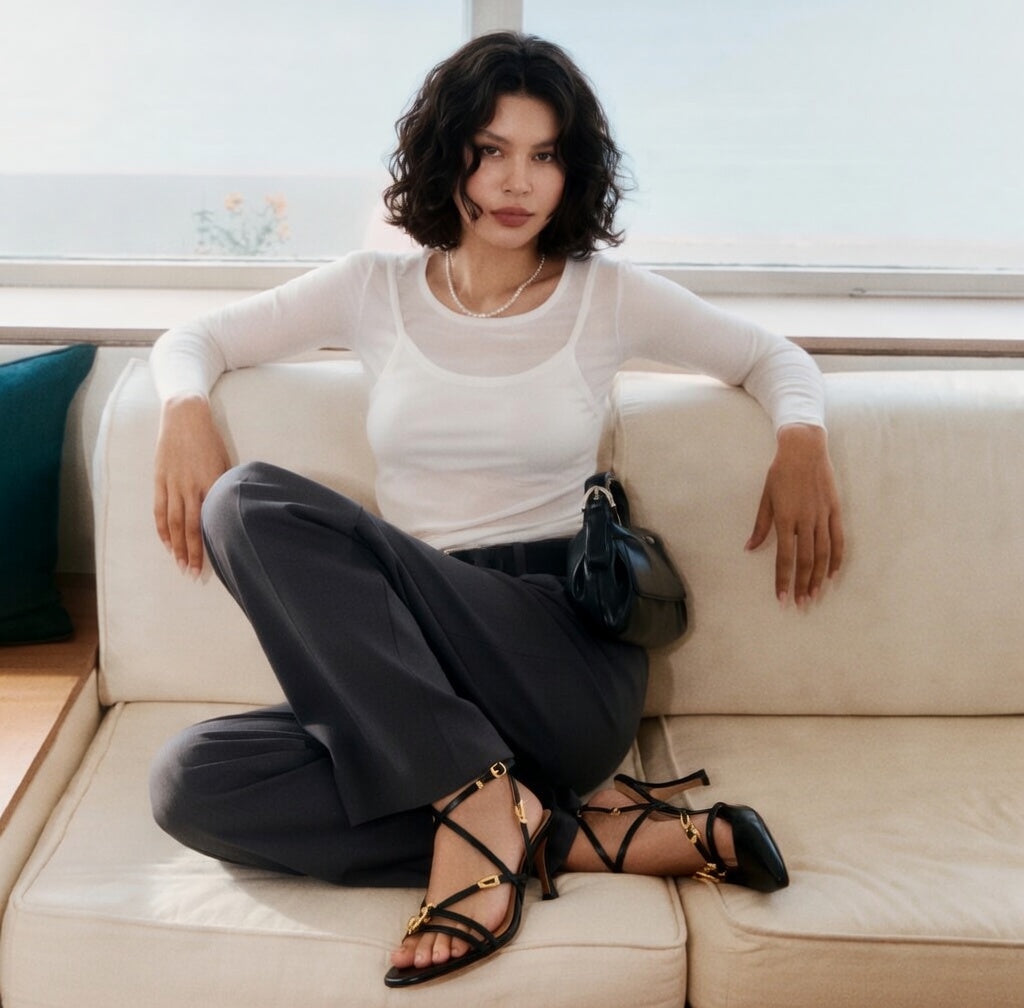 Woman sitting on a beige couch wearing an Adeptt white top, black pants, and black strappy sandals.