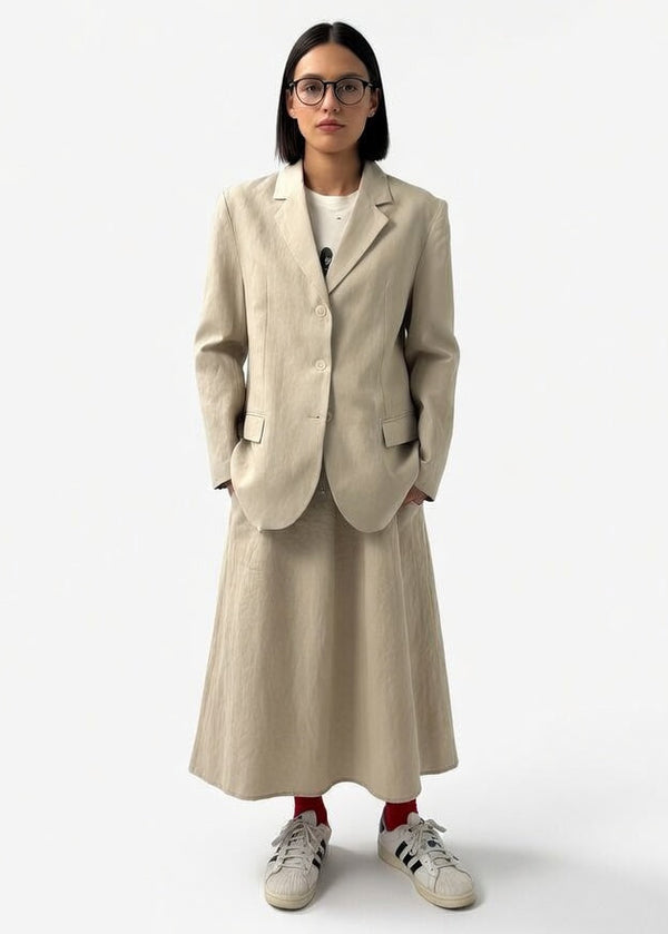 Women's oversized linen blazer with structured shoulders in neutral color