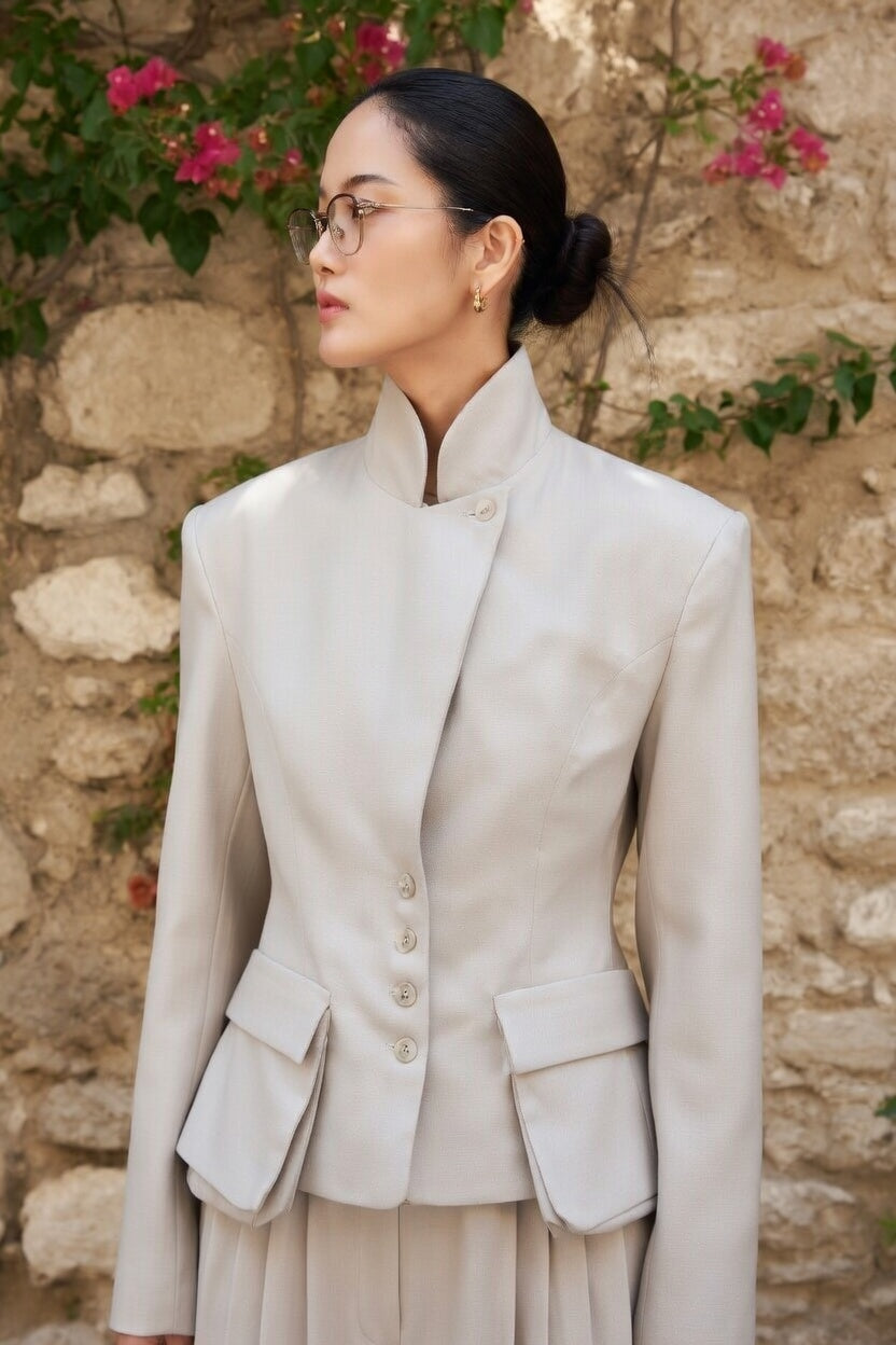 Women's tailored blazer with structured waist and statement pocket details