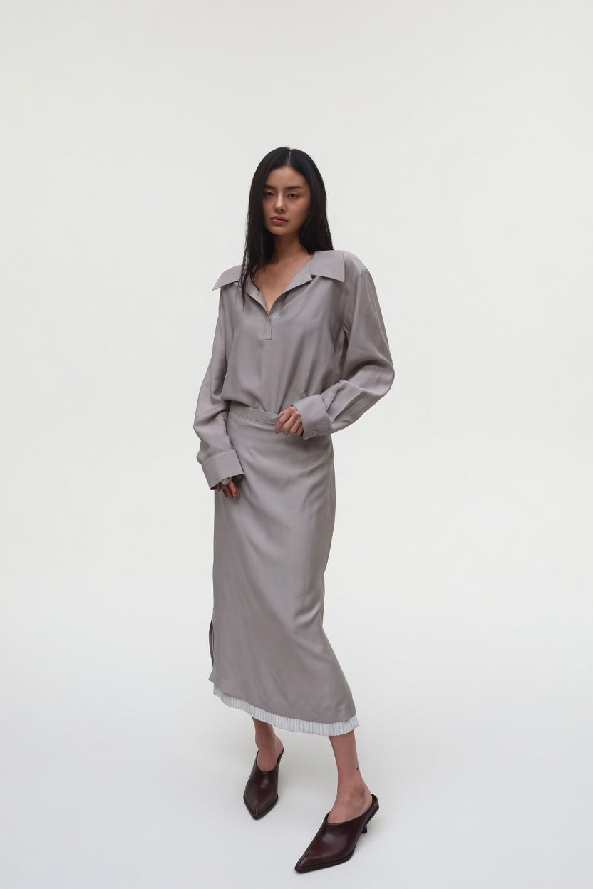 ADEPTT Lyocell Linen Midi Skirt in taupe with contrast striped hem lining and side slits