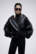 Women's oversized faux leather jacket with balloon sleeves and elastic waist