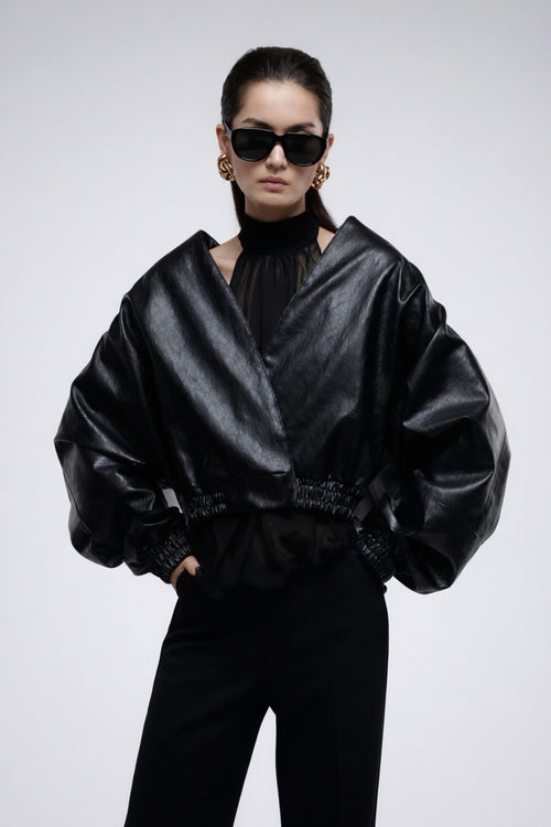 Women's oversized faux leather jacket with balloon sleeves and elastic waist