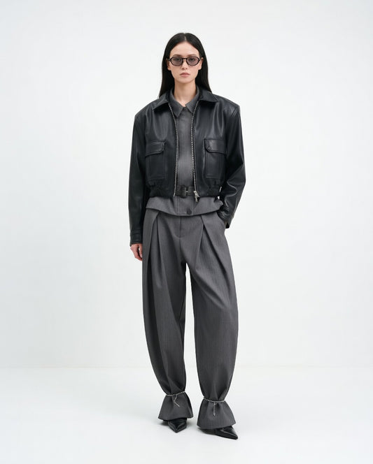 Women's black faux leather cropped jacket with zipper and pockets