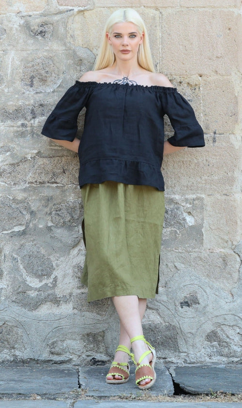 High Waist Olive Linen Skirt - MYRA