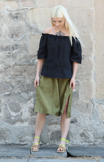 High Waist Olive Linen Skirt - MYRA