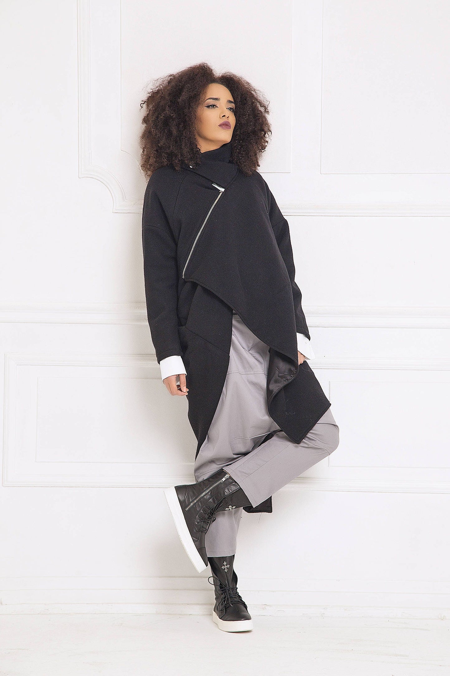 Loose asymmetrical cashmere blend coat - DAPHIA